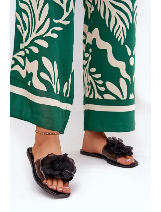 Transparentne Płaskie Klapki Damskie Ze Sztucznym Kwiatem Czarne Vobetta