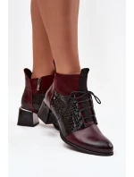 Zazoo 60503 Skórzane Botki Na Obcasie Ocieplane Bordowe