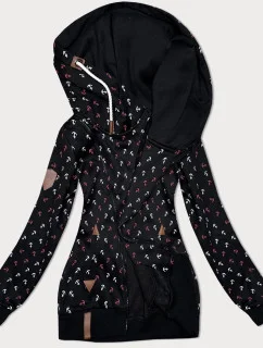 Čierna hrubšia mikina so šikmým zipsom a vzorom kotvy (2308)