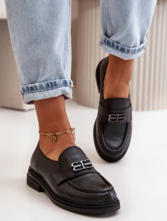 Zazoo 20174 Skórzane Eleganckie Półbuty Damskie Na Płaskim Obcasie Czarne