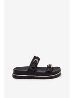 Klapki Damskie Gładkie Na Platformie Z Paskami I Klamrami Czarne Ziferte