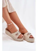 Klapki Damskie Na Koturnie Z Plecionką I Ozdobą Beżowe Isolene