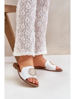 Skórzane Klapki Z Ozdobą Na Płaskim Obcasie Zazoo 3047/O Białe