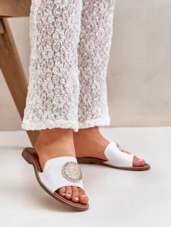 Skórzane Klapki Z Ozdobą Na Płaskim Obcasie Zazoo 3047/O Białe