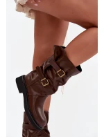 Marszczone Kozaki Damskie Do Połowy Łyski Z Paskami I Klamrami Brązowe Halvessa