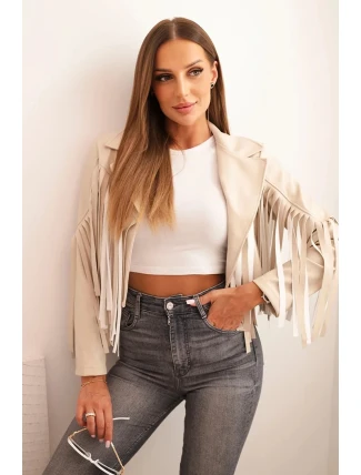 Dámska bunda z ekokože so strapcami v béžovej farbe v boho štýle