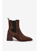 Skórzane Zamszowe Botki Damskie Na Słupku Ocieplane Artiker 57C0047 Brązowe