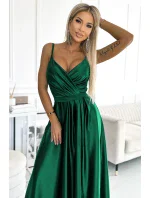 512-1 JULIET elegantné dlhé saténové šaty s výstrihom - BOTTLE GREEN
