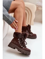 Sznurowane Trapery Damskie Z Futerkiem Ciemnobrązowe Vaminia