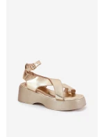 Sandały Damskie Na Platformie I Koturnie Eko Skórzane Złote Tenzorus