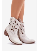 Skórzane Ażurowe Botki Na Obcasie Zazoo 3621 Złoty Przecierany