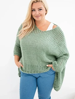 Dámsky oversized priehľadný sveter s výstrihom do V a predĺženou zadnou časťou v khaki farbe