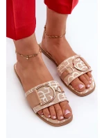 Błyszczące Klapki Damskie Z Ozdobą Beżowe Taleci