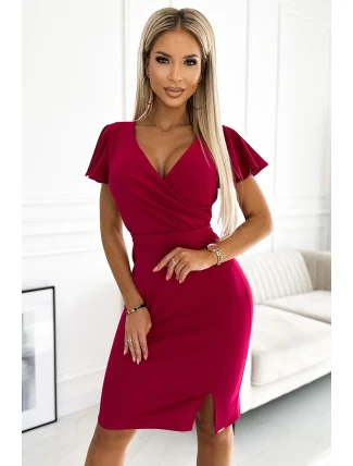 479-4 Šaty NINA s obálkovým výstrihom, rukávmi a opaskom - FUXY