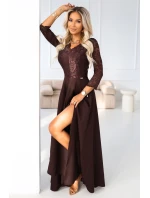 309-14 AMBER elegantné dlhé čipkované šaty s výstrihom - čokoládové