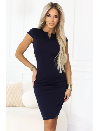 608-2 Zmyselné ceruzkové šaty s krátkymi rukávmi a ozdobným výstrihom - tmavomodré