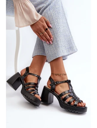 Lakierowane Skórzane Sandały Damskie Na Słupku Vinceza 66621 Czarne