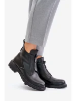 Skórzane Botki Na Płaskim Obcasie Ocieplane Czarne Komisa