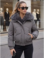Dámska zimná prešívaná bunda s kožušinou, tmavošedá, FashionStreet TY6010 Dámska zimná prešívaná bunda s kožušinou, tmavošedá, FashionStreet TY6010