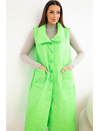Dámska prešívaná dlhá vesta s vreckami a stojacím golierom neónovo zelená