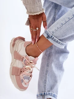 Damskie Modne Buty Sportowe Sznurowane Beżowo-Różowe Chillout!