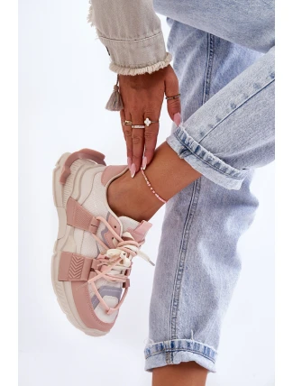 Damskie Modne Buty Sportowe Sznurowane Beżowo-Różowe Chillout!
