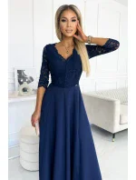 309-6 AMBER elegantné čipkované dlhé šaty s výstrihom - ZELENÉ