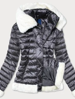 Dámska bunda v oceľovej farbe s kožušinovým golierom (J9-008)