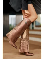 Zdobione Wsuwane Kozaki Na Szpilce Z Wywiniętą Cholewką Brązowe Enathlin