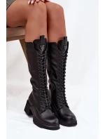 Skórzane Sznurowane Kozaki Na Klocku Ocieplane Vinceza 66804 Czarne