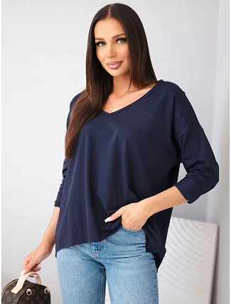 Dámska bavlnená oversized blúzka s výstrihom do V a predĺženým zadným dielom, modrá Dámska bavlnená oversized blúzka s výstrihom do V a predĺženým zadným dielom, modrá