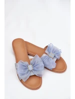 Klapki Damskie Na Płaskim Obcasie Z Tiulową Kokardą Jeansowe Tanira