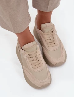 Skórzane Sneakersy Damskie Na Platformie Artiker 55C0021 Beżowe