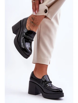 Skórzane Półbuty Na Słupku Z Ozdobą Czarne Lemar Gelanor