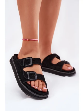 Zamszowe Klapki Damskie Z Klamrami D.Franklin DFSH405001 Czarne