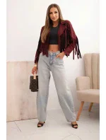 Dámska semišová bunda so strapcami bordová