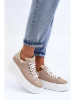 Damskie Buty Sportowe Skórzane na Platformie Beżowe Lemar 10150