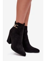 Eko Zamszowe Botki Na Słupku Z Ozdobą Czarne Lymall