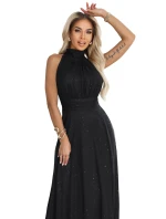 636-3 VERONICA luxusné dlhé šaty s brokátovým akcentom a elegantným strihom - čierne