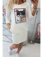 Šaty s 3D grafikou mačky ecru