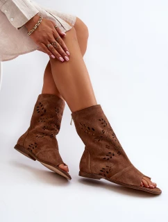 Zazoo 3437 Damskie Zamszowe Sandały Z Cholewką Na Zamek Brązowe