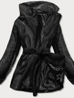 Čierna dámska bunda - kožúšok s golierom (GSQ2166)