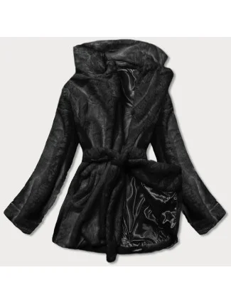 Čierna dámska bunda - kožúšok s golierom (GSQ2166)