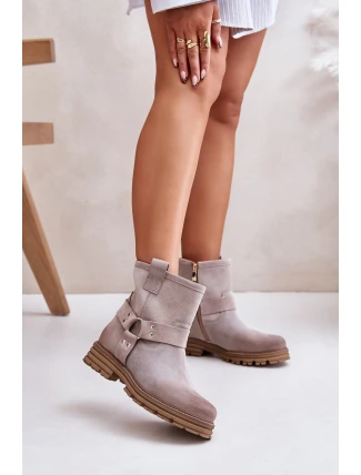 Zamszowe Botki Damskie Na Płaskim Obcasie Lewski 3610 Cappucino