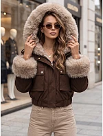 Krátka dámska bunda s odnímateľnou kožušinou, hnedá, FashionStreet TY5836 Krátka dámska bunda s odnímateľnou kožušinou, hnedá, FashionStreet TY5836