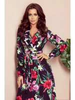 245-3 MAXI šaty s volánovým výstrihom - RED FLOWERS 245-3 MAXI šaty s volánovým výstrihom - RED FLOWERS