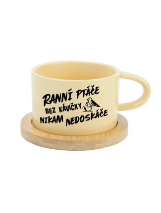 RANNÍ PTÁČE BEZ KÁVIČKY NIKAM NEDOSKÁČE - žlutý hrníček makronka 200 ml