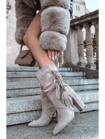 Dámské kotníkové boty na podpatku s třásněmi a stahováním vyhřívané béžové Darlina