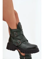 Skórzane Ocieplane Botki Damskie Z Klamrami I Ozdobnym Detalem Zazoo 60482 Ciemnozielone