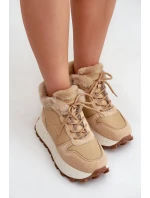 Skórzane Sneakersy Trapery Damskie Z Futerkiem Na Platformie Big Star OO274A330 Beżowe